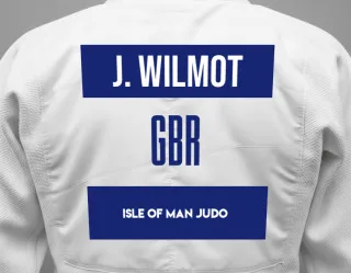 Judo GI with a backnumber showing the name Johnathan Wilmot from Isle of Man Judo