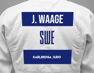 Judo GI with a backnumber showing the name Jon Odinn Waage from Karlskoga Judo