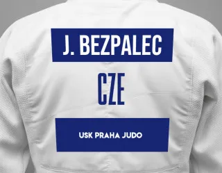 Judo GI with a backnumber showing the name Jonas Bezpalec from USK Praha Judo