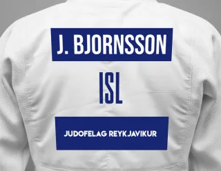 Judo GI with a backnumber showing the name Jonas Bjornsson from Judofelag Reykjavikur