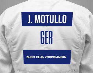 Judo GI with a backnumber showing the name Jonas Motullo from Budo Club Vorpommern