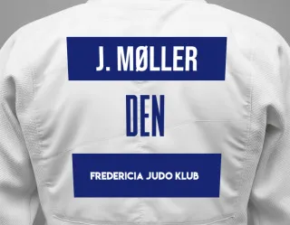 Judo GI with a backnumber showing the name Jonas Nydam Møller from Fredericia Judo Klub