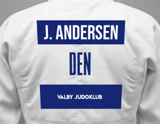 Judo GI with a backnumber showing the name Jonatan Flykjær Andersen from Valby Judoklub