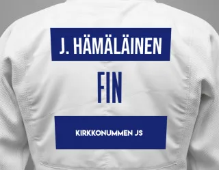 Judo GI with a backnumber showing the name Jonatan Hämäläinen from Kirkkonummen JS