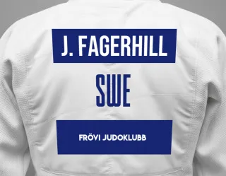 Judo GI with a backnumber showing the name Jonathan Fagerhill from Frövi Judoklubb