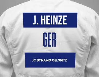 Judo GI with a backnumber showing the name Jonathan Heinze from JC Dynamo Oelsnitz