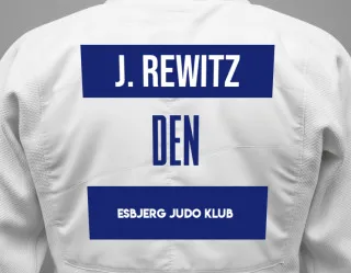 Judo GI with a backnumber showing the name Jonathan Rewitz from Esbjerg Judo Klub