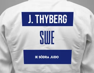 Judo GI with a backnumber showing the name Jonathan Thyberg from IK Södra Judo