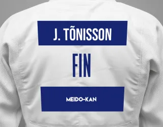 Judo GI with a backnumber showing the name Jonathan Tõnisson from Meido-Kan