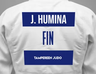 Judo GI with a backnumber showing the name Joona Humina from Tampereen Judo
