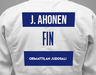 Judo GI with a backnumber showing the name Joonas Ahonen from Orimattilan Judosali