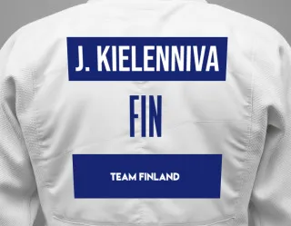 Judo GI with a backnumber showing the name Joonas Kielenniva from Team Finland