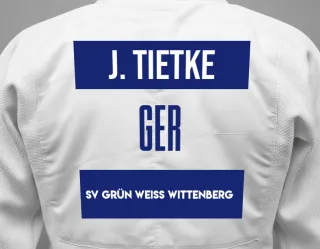Judo GI with a backnumber showing the name Joris Tietke from SV Grün Weiß Wittenberg