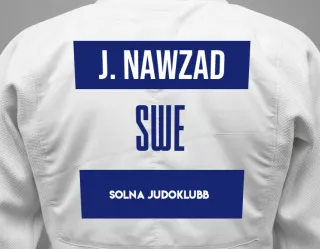 Judo GI with a backnumber showing the name Josef Nawzad from Solna Judoklubb