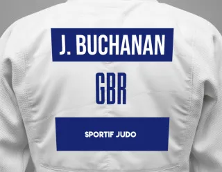 Judo GI with a backnumber showing the name Joseph Buchanan from Sportif Judo