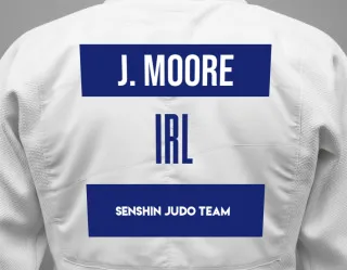 Judo GI with a backnumber showing the name Joshua Moore from Senshin Judo Team