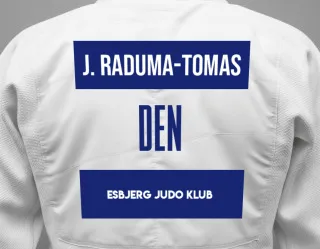 Judo GI with a backnumber showing the name Joshua Raduma-Tomas from Esbjerg Judo Klub