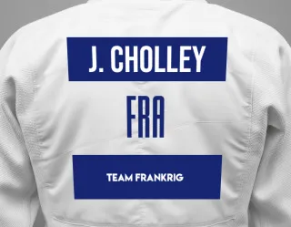 Judo GI with a backnumber showing the name Jules Cholley from Team Frankrig