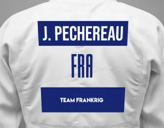 Judo GI with a backnumber showing the name Jules Pechereau from Team Frankrig