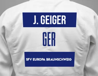 Judo GI with a backnumber showing the name Julia Geiger from SFV Europa Braunschweig