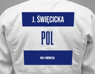 Judo GI with a backnumber showing the name Julia święcicka from KS HEROS