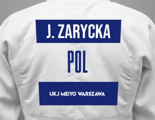 Judo GI with a backnumber showing the name Julia Zarycka from UKJ MEIYO Warszawa