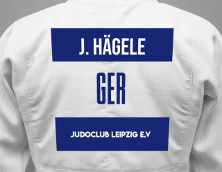 Judo GI with a backnumber showing the name Julian Hägele from Judoclub Leipzig e.V