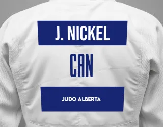Judo GI with a backnumber showing the name Julian Luic Nickel from Judo Alberta