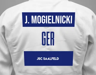 Judo GI with a backnumber showing the name Julian Mogielnicki from JSC Saalfeld