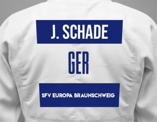 Judo GI with a backnumber showing the name Julian Schade from SFV Europa Braunschweig