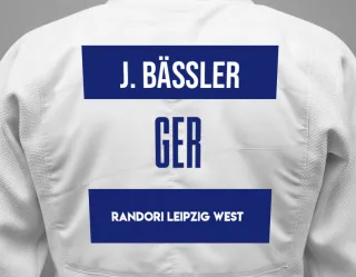 Judo GI with a backnumber showing the name Julius Bässler from Randori Leipzig West