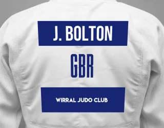 Judo GI with a backnumber showing the name Jun Bolton from Wirral Judo Club