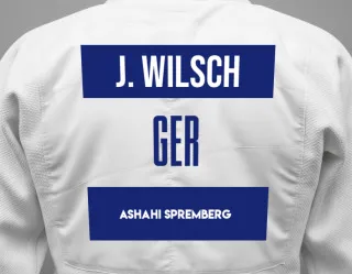 Judo GI with a backnumber showing the name Justin Wilsch from Ashahi Spremberg