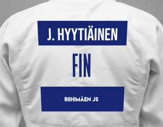 Judo GI with a backnumber showing the name Justus Hyytiäinen from Riihimäen JS