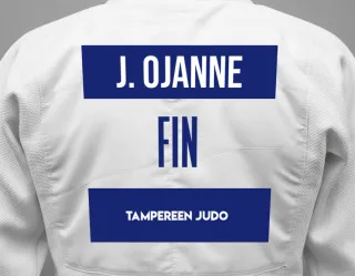 Judo GI with a backnumber showing the name Justus Ojanne from Tampereen Judo