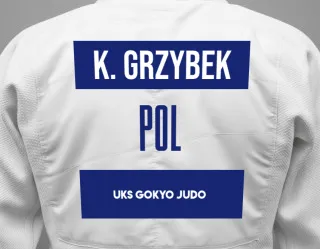 Judo GI with a backnumber showing the name Kacper Grzybek from UKS Gokyo Judo