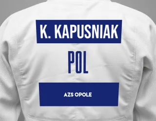Judo GI with a backnumber showing the name Kacper Kapusniak from AZS Opole