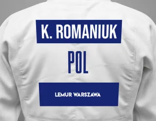 Judo GI with a backnumber showing the name Kacper Romaniuk from Lemur Warszawa