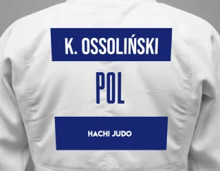 Judo GI with a backnumber showing the name Kajetan Ossoliński from HACHI JUDO