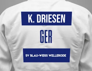 Judo GI with a backnumber showing the name Kajsa Driesen from SV Blau-Weiß Wellerode