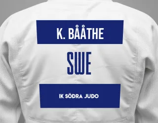 Judo GI with a backnumber showing the name Kalle Bååthe from IK Södra Judo
