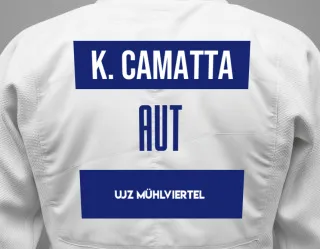 Judo GI with a backnumber showing the name Kaly Camatta from UJZ Mühlviertel