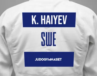 Judo GI with a backnumber showing the name Karim Haiyev from Judogymnasiet