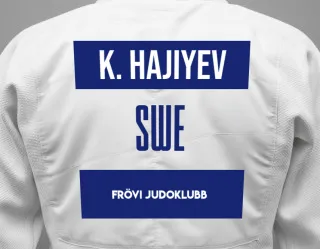 Judo GI with a backnumber showing the name Karim Hajiyev from Frövi Judoklubb