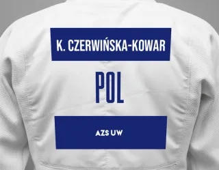 Judo GI with a backnumber showing the name Karina Czerwińska-Kowar from AZS UW