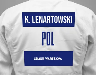 Judo GI with a backnumber showing the name Karol Lenartowski from Lemur Warszawa