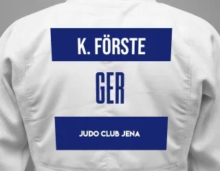 Judo GI with a backnumber showing the name Karolin Förste from Judo Club Jena