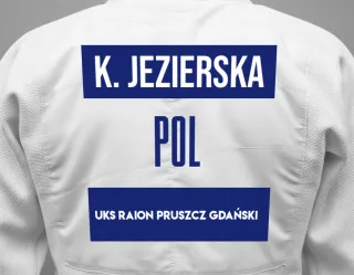 Judo GI with a backnumber showing the name Karolina Jezierska from UKS Raion Pruszcz Gdański