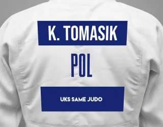 Judo GI with a backnumber showing the name Karolina Tomasik from UKS Same Judo