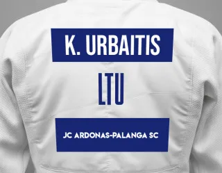 Judo GI with a backnumber showing the name Karolis Urbaitis from JC Ardonas-Palanga SC